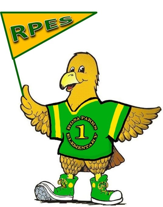 Rosa Parks Mascot waving a flag