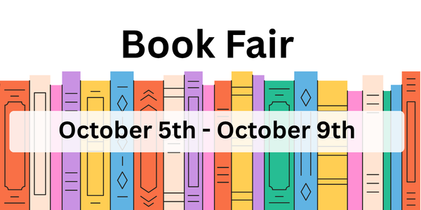 Row of colorful book spines, Book Fair dates October 5th to October 9th
