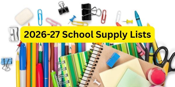 image of colorful school supplies with the words 2026-27 school supply lists typed on the image